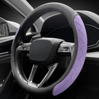 Nappa leather steering wheel cover,elegant diamond checkered design, non-slip wear-resistant, enhance driving comfort, suitable for steering wheel diameter 14 1/2‘-15’ models.Black and purple