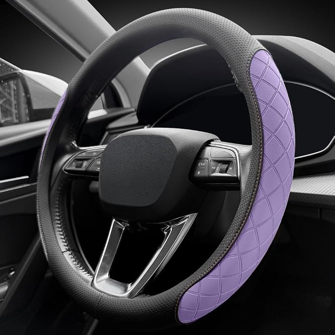 Nappa leather steering wheel cover,elegant diamond checkered design, non-slip wear-resistant, enhance driving comfort, suitable for steering wheel diameter 14 1/2‘-15’ models.Black and purple
