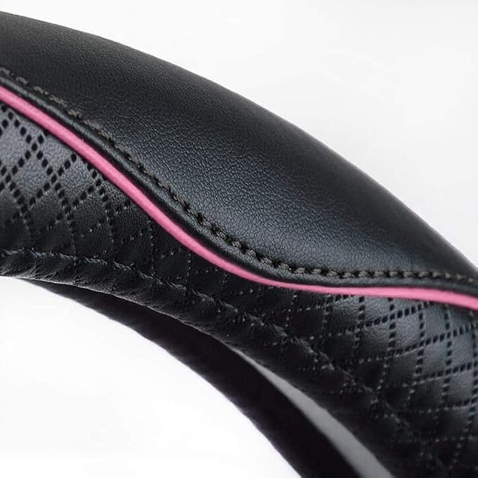 Microfiber Leather Steering Wheel Cover Anti-Slip Matte Finish Auto Car Wheel Cover Universal 15 Inch Wheel Cover for Car Embossing Pattern (Pink Line)