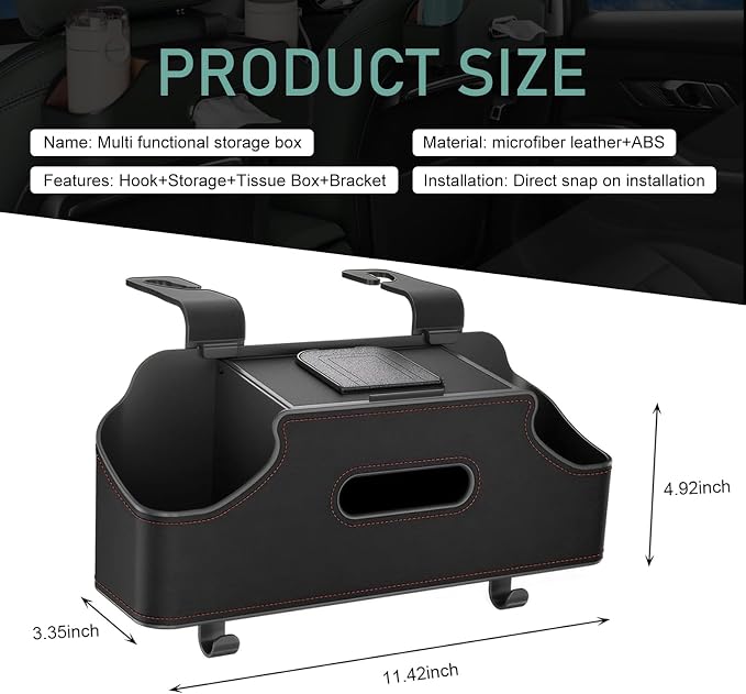Car Seatback Organizer with Cup Holder, Leather Headseat Tissue Box and Storage Box, Multifunction Auto Rear-mounted Mobile Phone Holder, for Most Cars (Black)