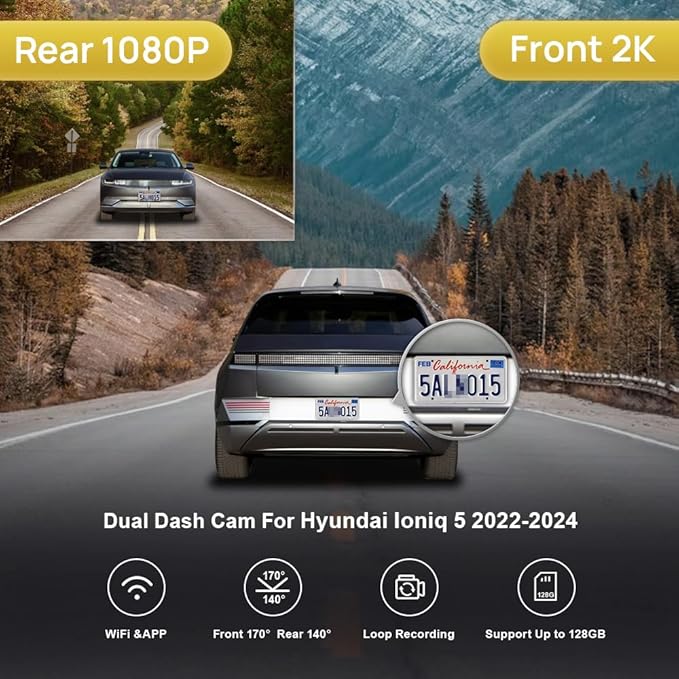 Front 2K+Rear 1080P Dash Cam Adapts for Hyundai IONIQ 5 2022-2024 (6 Vents) SE Standard Range SEL Limited, OEM Look, Dual HD Video, WiFi & APP, Loop Recording, G-Sensor, Easy to Use, 64GB Card