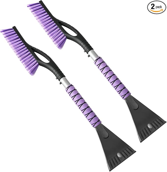 2 Pack 27" Snow Brush and Ice Scraper for Car Windshield - Purple | Soft Non-Scratch Bristles, Non-Slip Foam Grip, Detachable Design, Car Snow Removal Tool for Windshields & Windows