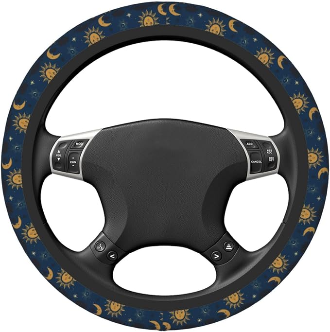 Elastic Stars Sun Moon Navy Boho Car Steering Wheel Cover Protector Upgrade Thicken,Durable Soft Car Accessories for Diverse Cars Truck SUV for Men Women Universal 15 Inch