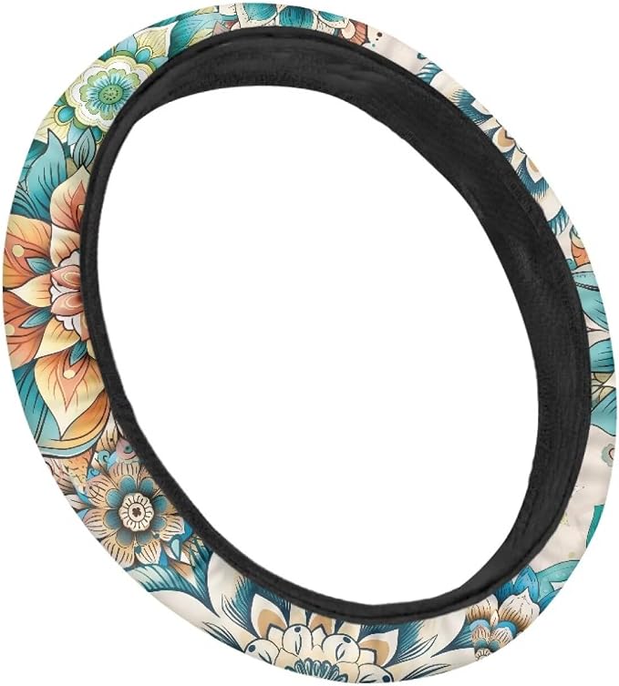 Boho Mandala Flower Pattern Sports Style Car Steering Wheel Cover Vehicle Wheel Protector Auto Wheel Cover Steering Wheels Accessories Universal Fit Car Truck Van SUV