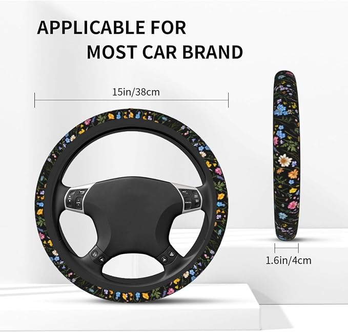 Spring Flower Colorful Leaves Steering Wheel Cover Car Accessories Cute for Women Girls Girly Universal 15 Inch Neoprene Auto Interior Decor Anti Slip Car Truck Protector