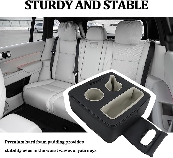 Car Back Seat Cup Holder, Leather Non-Slip Vehicle Rear Seat Drinks Tray Storage Organizer, Automotive Backseat Cup Holder Tray Expander, Universal for SUV Automobile Truck