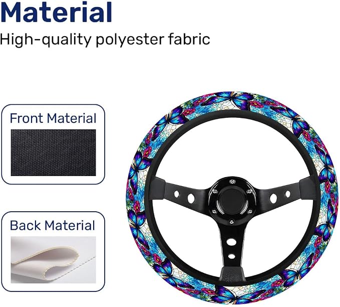 Blue Butterfly Steering Wheel Cover, Non Slip Polyester Car Wheel Protector for Car SUV Truck, Universal 15 Inch