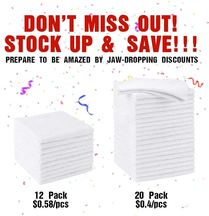 White Microfiber Cleaning Cloths, 20 Pack Cleaning Rags - Lint Free & Scratch-Free Microfiber Towels for Cars, House & Kitchen, Absorbent Cleaning Towels, 11.5 x 11.5 Inch