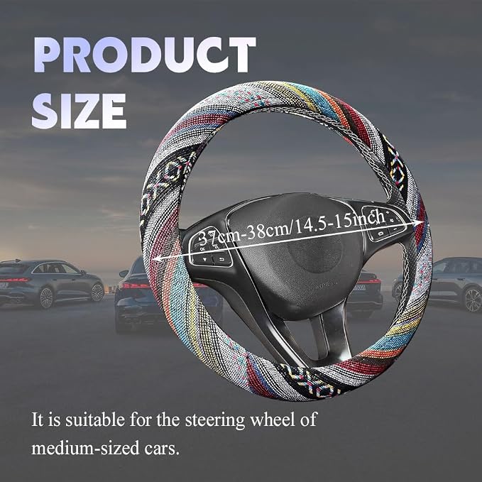 Boho Steering Wheel Cover, Steering Wheel Cover Women, 15 inch Hippie Style Protector Covers, Universal Ethnic Flax Cloth Car Accessories Universal for SUV Van Truck (Hippie-D)