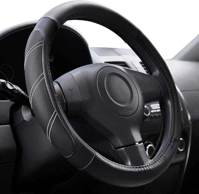 Leather Steering Wheel Cover 15 1/2 to 16 inch Universal Large Soft Grip Breathable for Car Truck SUV Jeep Anti Slip Black