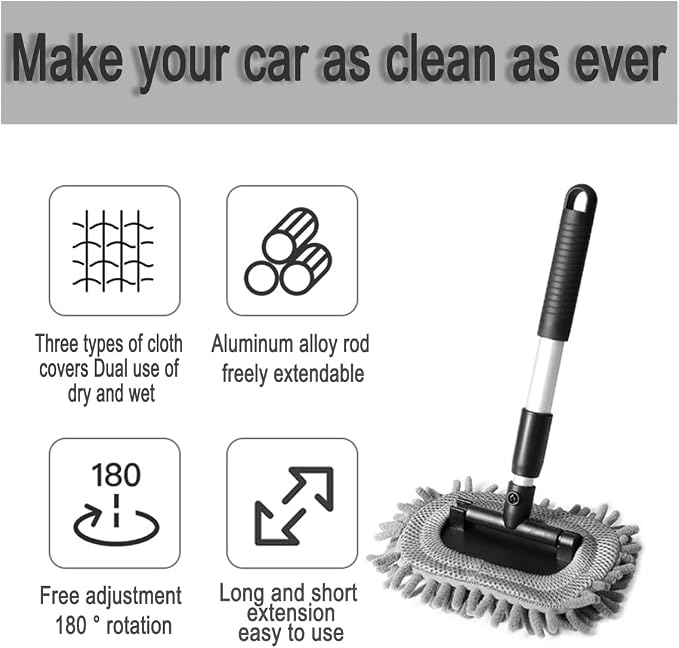 Car Windshield Cleaner Tool, Vehicle Window Cleaner with Extendable Handle & 3 Reusable and Washable Pads, Auto Glass Wash Brush Accessories, Universal for SUV RV Truck (Rectangular)