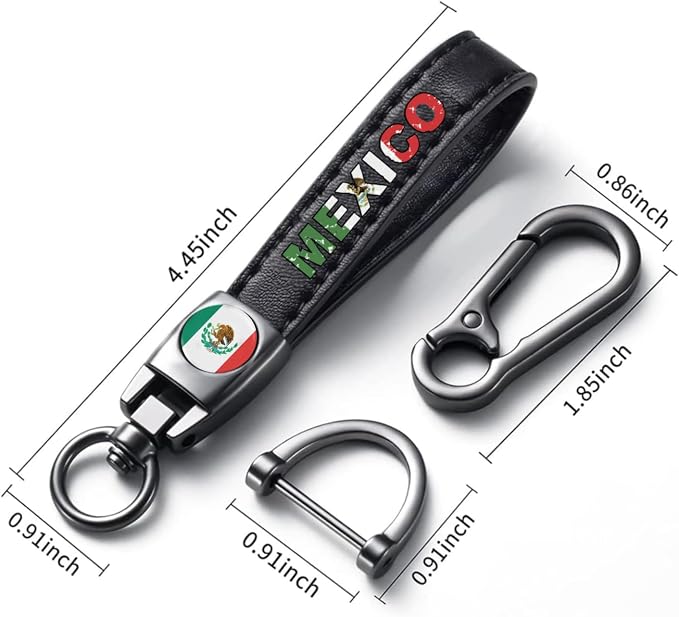 Mexico Flag Tire Valve Stem Caps and Genuine Leather Car Keychain Keyring Compatible with Mexican Flag Accessories (MFXICO)