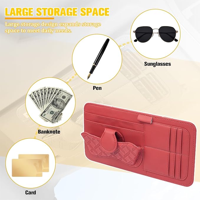 Car Sun Visor Organizer, Multifunctional Visor Storage Pouch with Sunglasses Holder & Card Sleeve Pocket, Auto Interior Organizer Pocket Bag for Pens Cards Documents, Universal Fit (Red)