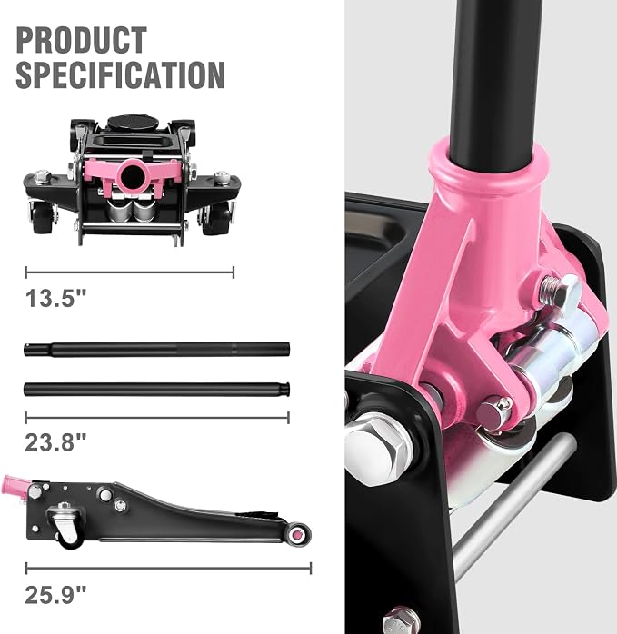 DNA Motoring Low Profile Hydraulic Trolley Service/Floor Jack, 3 Ton (6000 lbs) Capacity, Lifting Range 3"-20", Pink, TOOLS-00475-PK