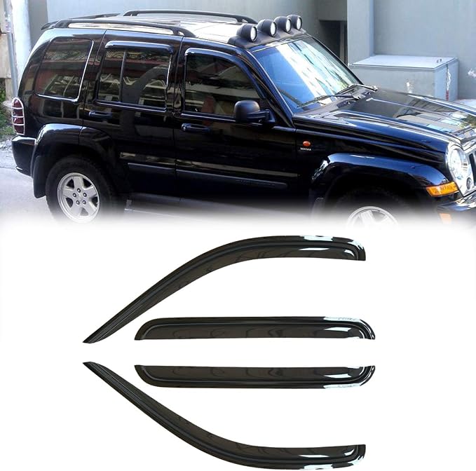 94428 Side Window Wind Vent Deflectors fit for 2002-2007 Jeep Liberty, 4pcs Out-Channel Tape-On Rain Guards Set, Dark Smoke Nice Window Visor
