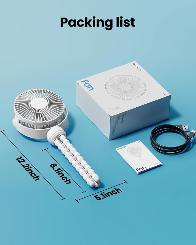 Mini Portable Stroller Fan, Battery Operated Small Clip on, Detachable 3 Speed Rechargeable, 360° Rotate Flexible Tripod Better Cooling for Car Seat Crib Treadmill Travel White