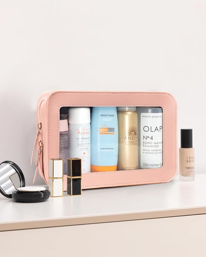 Clear Toiletry Bag, Portable Travel Makeup Pouch with Zipper, TSA Approved Organizer, PVC Cosmetic for Airport Airline Compliant Pink Car Accessories for Women (Pink)