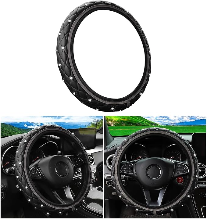 Bling Car Steering Wheel Cover, Non-Slip Elastic Stretch Leather Auto Steering Wheel Protector, Sparkling Diamond Vehicle Decor Accessories for Women Girls, Universal for Vehicles (Gray)