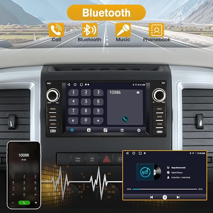 Car Radio Stereo for Dodge Ram 1500 2500 3500 2009 2010 2011 2012 Avenger Challenger 2008 2009 2010 2011 2012 2013 2014, 7 Inch Touch Screen with Wireless CarPlay Android Auto Backup Camera