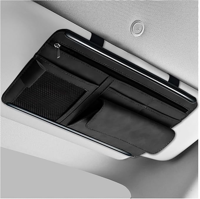 Car Sun Visor Organizer, Leather Sun Visor Pocket Organizer Case with Multi-Pocket Net Zipper, Suede Note Holder Car Visor Storage Pouch for Card Pen Sunglasses Document (Black)
