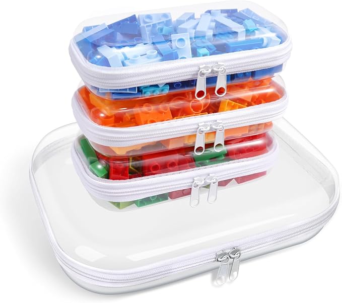 Clear Hard Plastic Zipper Case,Transparent Double Zippers Hard Pouch with 3pcs,Portable Travel Organizer Bin for Toy Storage