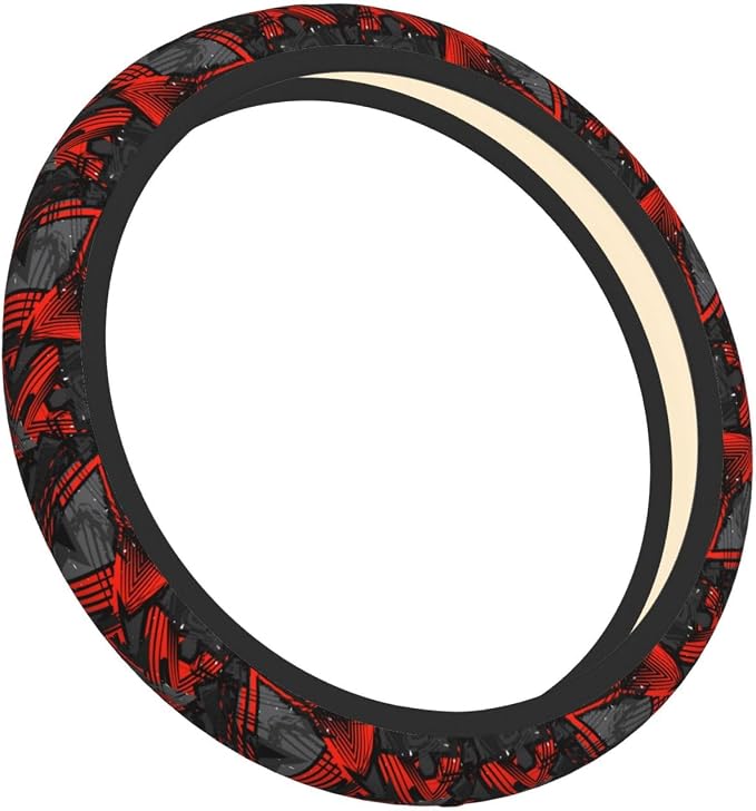 Cool Red Black and Gray Geometric Steering Wheel Cover for Women Men Girls Car Accessories Decor Anti-Slip Neoprene Auto Steering Wheel Covers Protector Universal 15 Inch