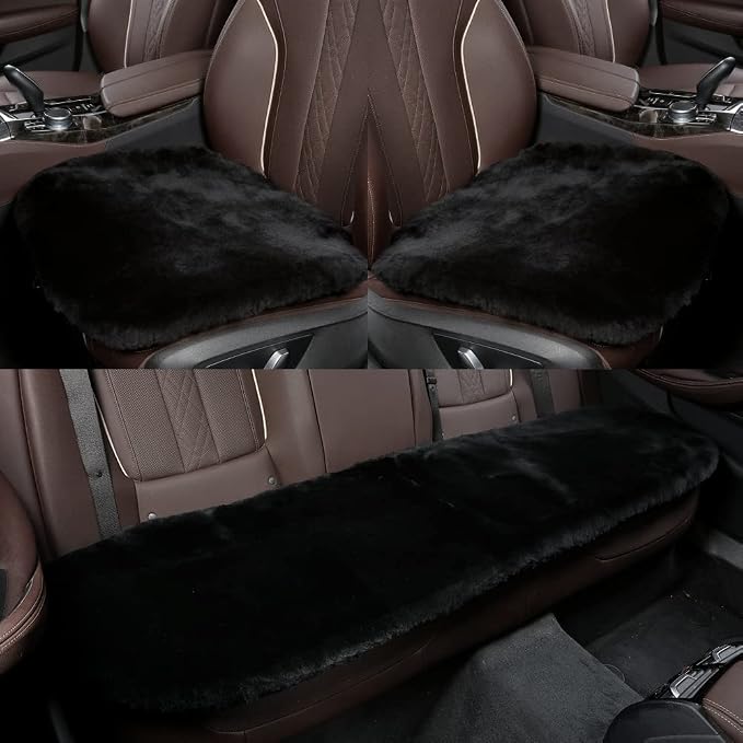 Genuine Sheepskin Auto Seat Pad, Australian Soft Wool Seat Cover Breathable and Sweat-Wicking Universal Fit (Front seat Cushion 2pcs & Rear seat Cushion 1pc, Black)