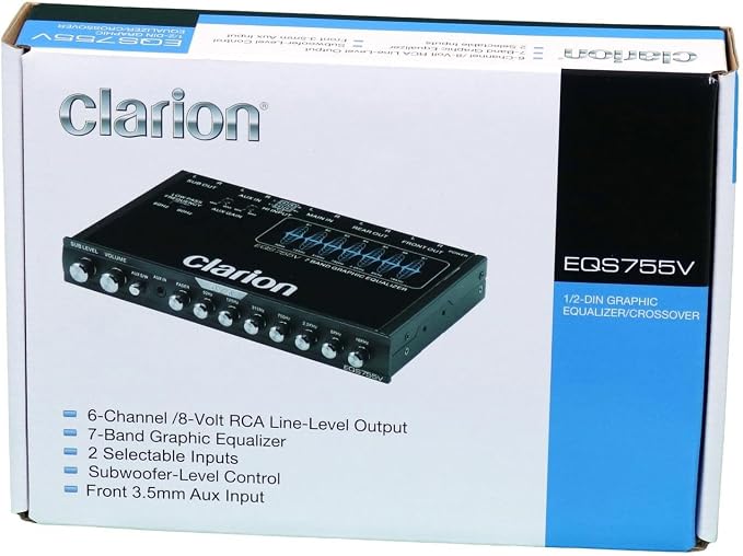 EQS755V 7-Band Car Audio 1/2-DIN Size Car Graphic Equalizer/Crossover with Front 3.5mm Auxiliary Input, Rear RCA Auxiliary Input and High Level Speaker Inputs