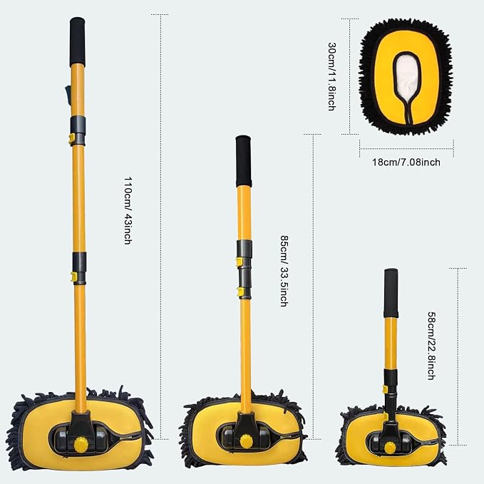 Car Wash Brush with Long Handle, Microfiber Car Wash Mop with Replaceable Chenille Brush Head, Soft Cleaning Brush with 15° Curved Extension Pole Car Wash Kit for RV Truck Camper, Yellow
