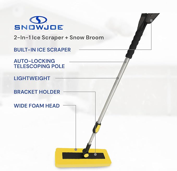2-in-1 Telescoping Snow Broom and Ice Scraper with 18-Inch Non-Scratch Foam Head - Car Cleaning Tool with Long Extendable Handle for Windshield, Roof, Truck, and SUV, SJBLZD-PRX