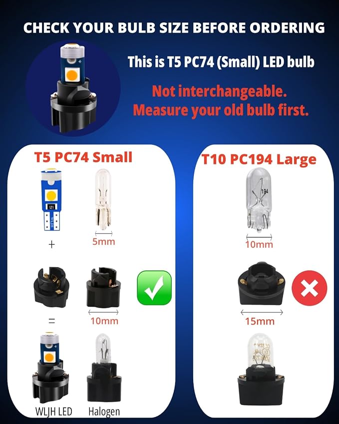 74 Led Bulb Dash Lights Super Bright T5 2721 37 286 Wedge PC74 Twist Socket Automotive Instrument Panel Gauge Light Kits Cluster Shift Indicator Bulbs Amber Yellow Pack of 20
