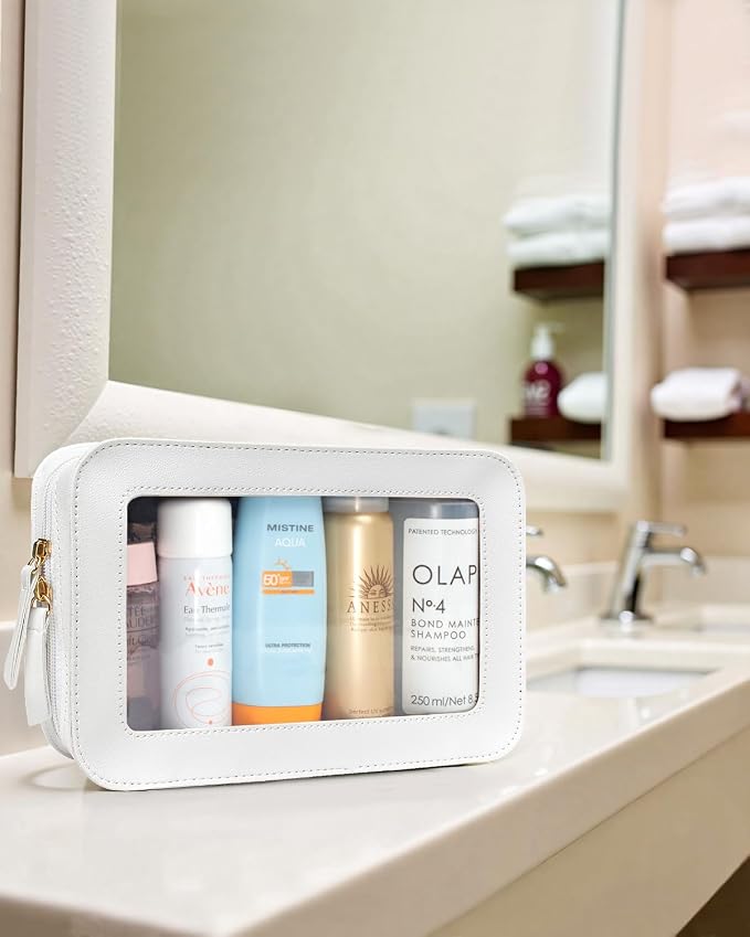 Clear Toiletry Bag,Portable Travel Makeup Pouch with Zipper, TSA Approved Organizer Sunscreen Bag Clear Makeup Toiletry Pouch Beach Vacation Essentials for Women Teen Girls (White)