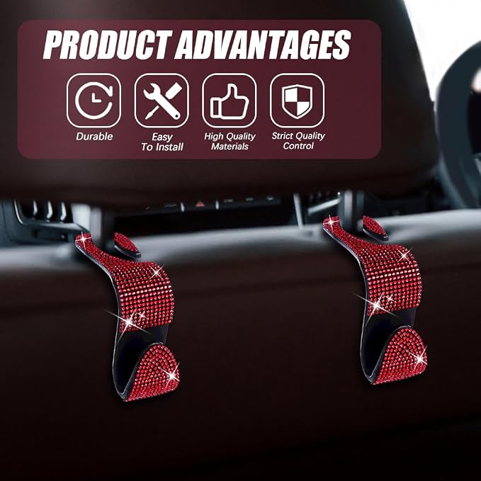2 Pack Car Hooks, Bling Rhinestones Crystal Hooks, Auto Seat Back Organizers, Car Decorations Backseat Hanger, Car Seat Hooks Perfect for Holding Handbags, Clothes, Purses and Water Bottles