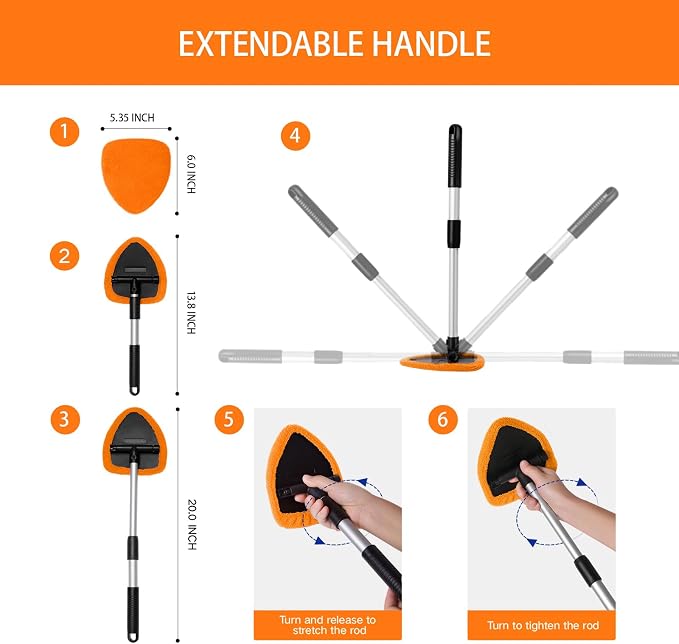 10pcs Windshield Cleaning Tool Inside Car Window Cleaner Wash Kit with 4 Reusable Microfiber Pads 1 Spray Bottle and Extendable Handle Interior Auto Glass Wiper Kit, Orange