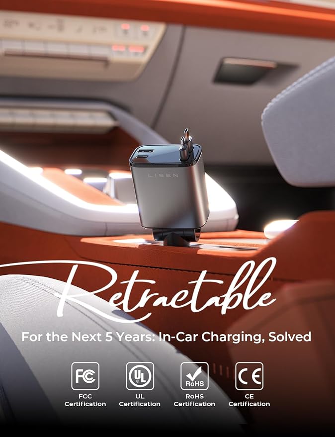 Retractable Car Charger USB C [Upgraded Dual Type C] 75W Fast 4 in 1 Car Charger for iPhone 17, Road Trip Essentials Gifts for Men Women, Car Accessories for Galaxy S26 Phone 17e 16 15 Pro Max