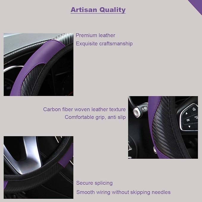 Ultra Fine Carbon Fiber Leather Steering Wheel Cover, Anti Slip and Sun Protective Protect the Steering Wheel, Easy to Install,Universal of 14.5"-15" (Purple)