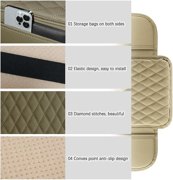 Arm Rest Cover for Car,Leather+Memory Foam Center Console Cover with Storage Bags,Universal Middle Console Cover Car Accessories Interior for Most Car Center Consoles (Beige)