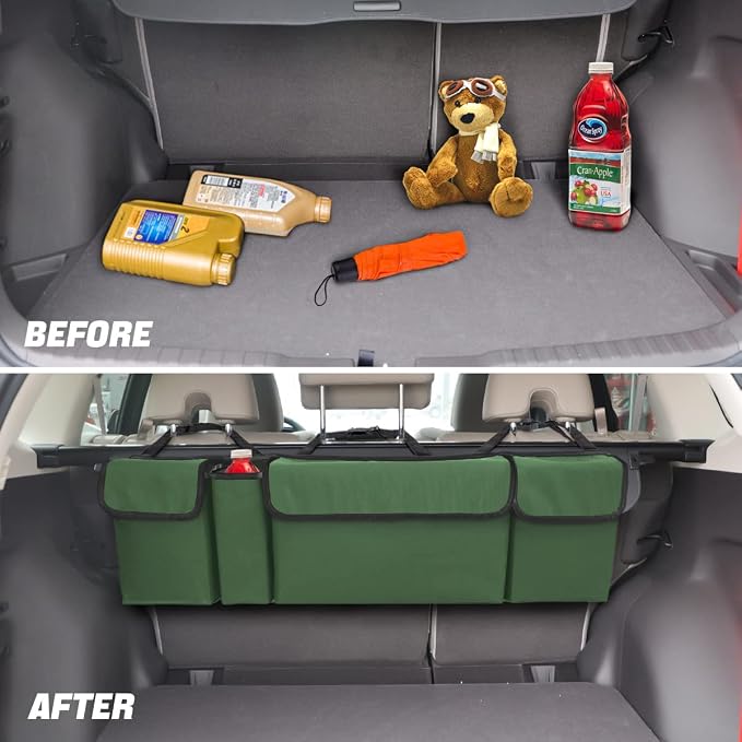 Car Trunk Organizer, Backseat Hanging Large Storage with Adjustable Straps, Waterproof Collapsible Cargo Bag with 4 Pockets, Sturdy Space Saver Frees Trunk Floor for SUV, Truck, MPV