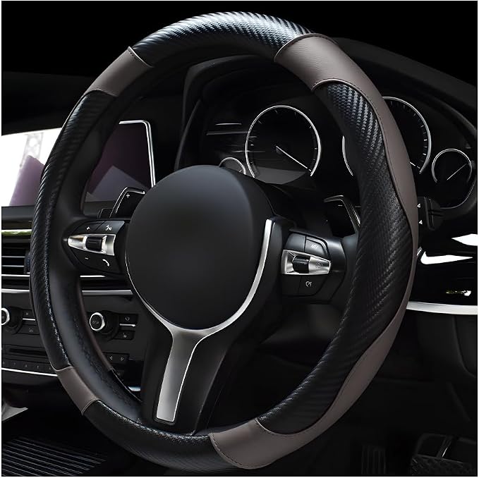 Car Steering Wheel Cover, 15 Inch Leather Breathable Auto Steering Wheel Protector, Comfortable Non-Slip Vehicle Steering Wheel Covers, Universal Car Accessories (Gray, with Lining)