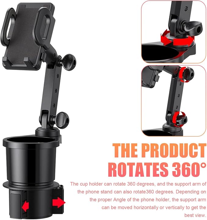 Car Cup Holder Mobile Phone Rack, Multi-Function 2 in 1 Cup Holder Expander, 360 Degrees Rotatable Automotive Phones Mount, Universal for Most Cars, Trucks, SUVs (Black)