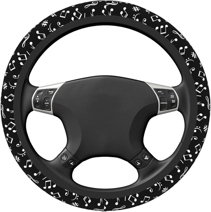 Music Note Black White Steering Wheel Cover for Women Men Girls Car Accessories Decor Anti-Slip Neoprene Auto Steering Wheel Covers Protector Universal 15 Inch