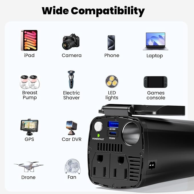 200W Power Inverter, 12V DC to 110V AC Car Plug Adapter Outlet Converter with [30W USB-C]/USB-Fast Charger(18W) / Dual AC Outlets/car Charger for Laptop