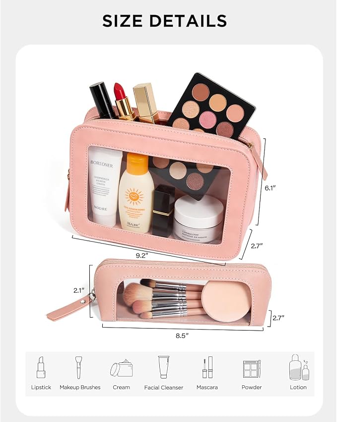 2Pack Clear Makeup Bags Set, Small Clear Makeup Bag, PU Leather Travel Makeup Brush Case Portable Transparent Waterproof Cosmetic Organizer Pouch with Zipper for Women(2Pack-White Set)
