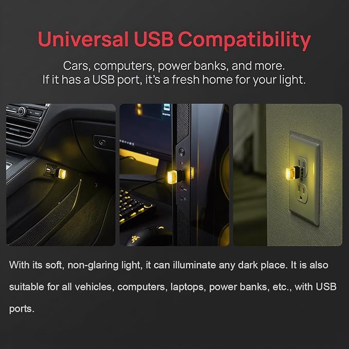 4PCS USB LED Car Interior Atmosphere Lamp, Portable Mini, Yellow | 5V USB-A plug-in, soft accent glow, no wiring, decor night light, car accessories for cars, SUVs, trucks