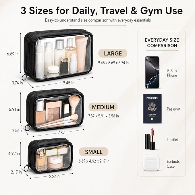 Clear TSA Approved Toiletry Bag - 3-Pack (Large, Small & Mini) Clear Makeup Cosmetic Bag with Zipper, Quart Size Travel Essential Organizer for Women, Car Bag Organizer & Car Organization Essentials