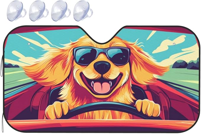 Windshield Sun Shade Driving Dog Funny Car Front Window Sunshade Cover for Truck SUV Blocks UV Rays Automotive Visor Interior Protector 55 x 30 inch