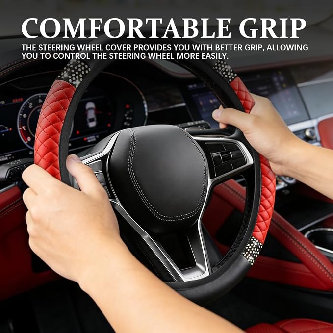 Bling Soft Leather Steering Wheel Cover, Steering Wheel Protector, 15 Inch Rhinestones Car Elastic Protector with Crystal Diamond for Women Girls, Car Accessory for Vehicles (Red)