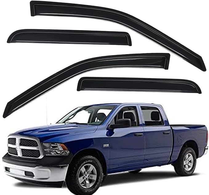 WV94109 Extra Durable Outside-Mount Car Window Visors Rain Guards, Fit 2009-2018 Dodge Ram 1500 Crew Cab, 2010-2026 Ram 2500 & 3500 Crew Cab/Mega Cab, 2019-2024 Ram 1500 Classic Crew Cab, Smoke, 4-Pcs