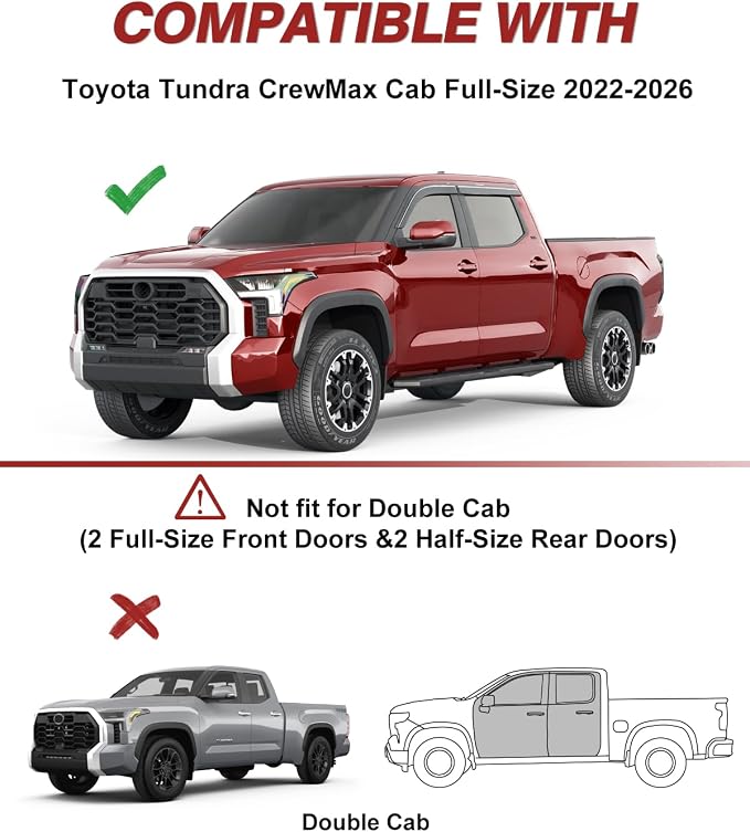 Outside-Mount Window Rain Guards Fit for 2022-2026 Toyota Tundra CrewMax Cab Full-Size, Extra Durable Window Visors Deflector Dark Smoke Vent Shades Car 4-pcs