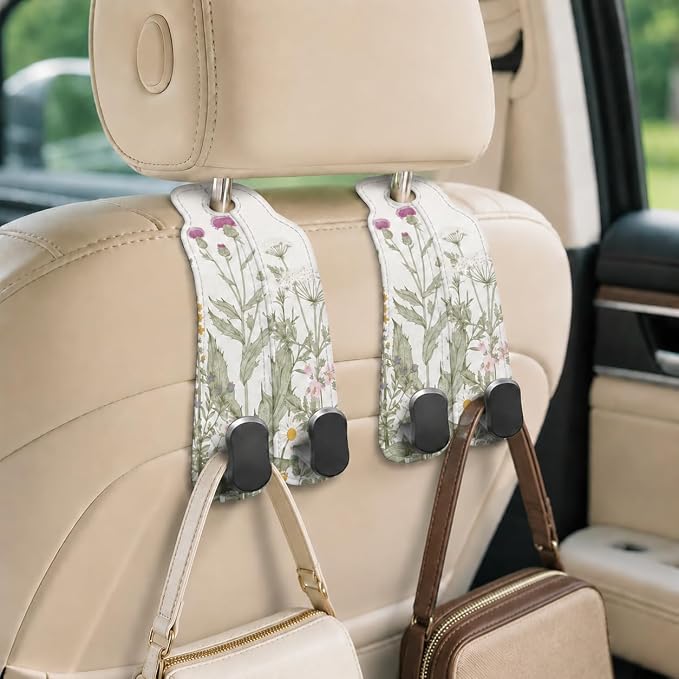 Cute Vintage Wildflower Car Seat Back Storage Headrest Hooks for Purses & Bags – 2PCS PU Leather Dual Metal Hooks, Backseat Organizer Accessories